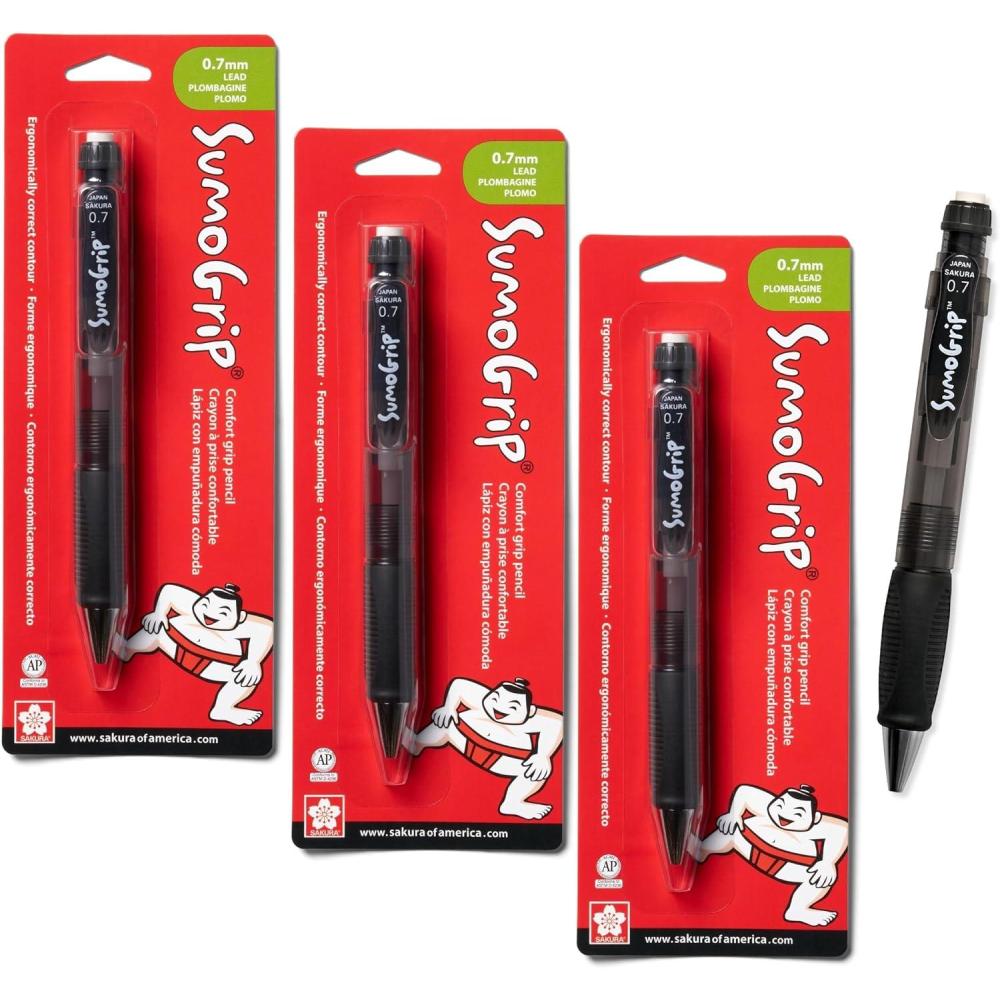 image:imageSAKURA SumoGrip Pencil with Comfort Grip 09 mm Ergonomic Mechanical Pencil Clear 3 PackGrey