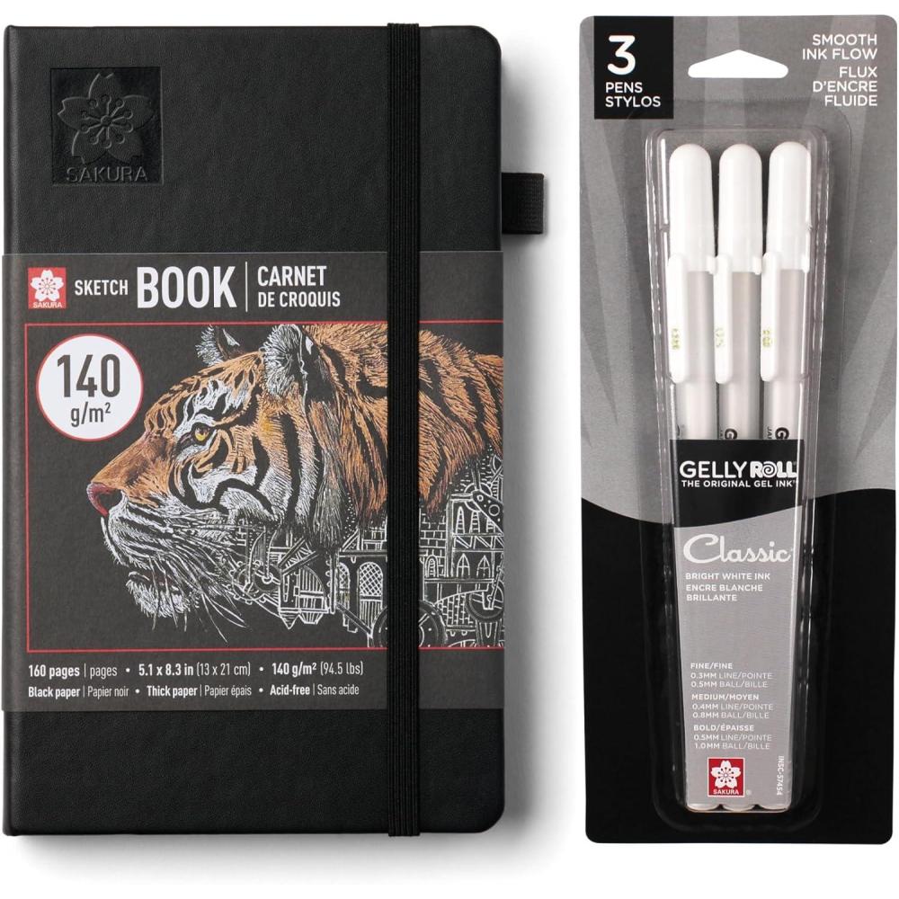 image:imageSakura A5 Sketchbook amp Gelly Roll White Bundle Stationery Bundle for Sketching amp Creative Contrast A5 Sketchbook with 140 GSM Paper Opaque White Ink Pens Black Paper 51 x 83