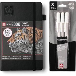 image:imageSakura A5 Sketchbook amp Gelly Roll White Bundle  Stationery Bundle for Sketching amp Creative Contrast  A5 Sketchbook with 140 GSM Paper  Opaque White Ink Pens  Black Paper  51 x 83