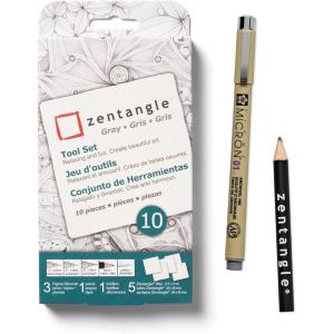 image:imageSakura Zentangle Tool Set  1 Black Pigma Micron Pens 2 Gray Micron Pens 1 Black Graphite Pencil 1 Tortillion 5 35 White Paper Tiles  White Zentangle Tiles  10 Piece Set